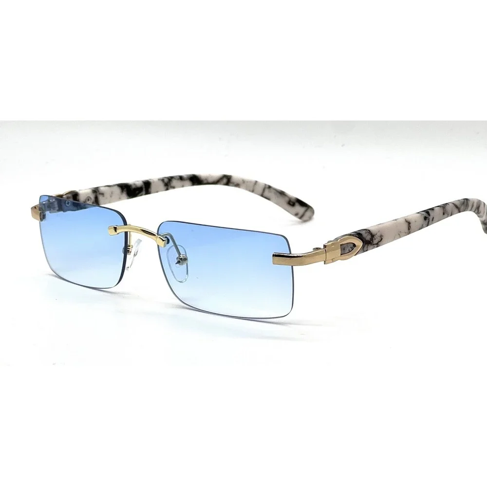 Rimless Rectangle Sunglasses Blue Lens Gold Accents Wood Grain Marble Arms Gafas
